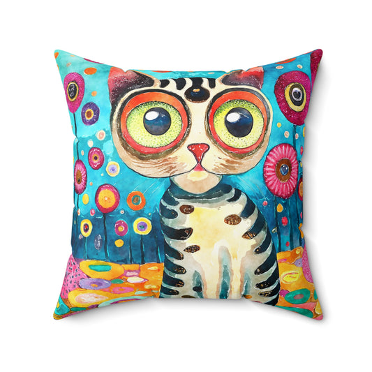 Here Kitty, Kitty - Whimsical Feline Art Square Pillow - Colorful Home Decor for Cat Lovers