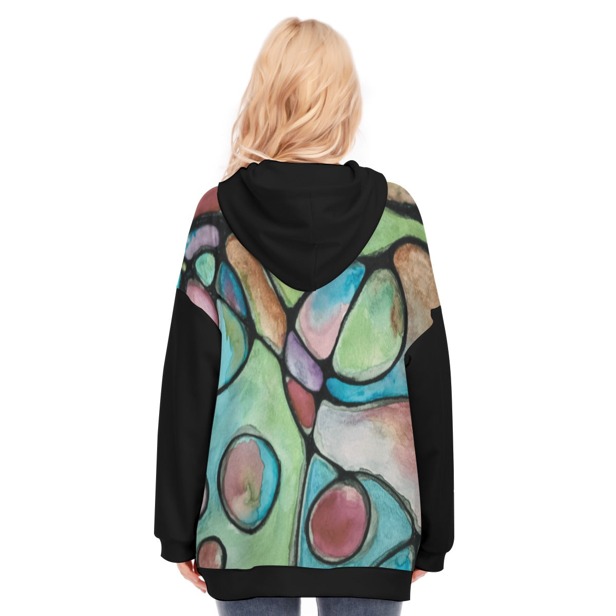 Atomic Age Green & Black All-Over Print Women's Long Hoodie with Zipper Closure