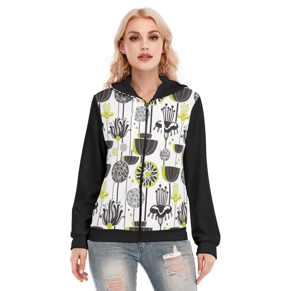 Scandi Celadon All-Over Print Women's Hoodie with Zipper