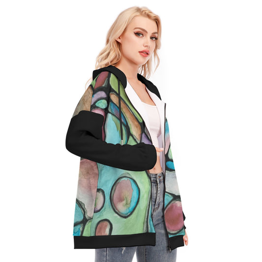 Atomic Age Green & Black All-Over Print Women's Long Hoodie with Zipper Closure