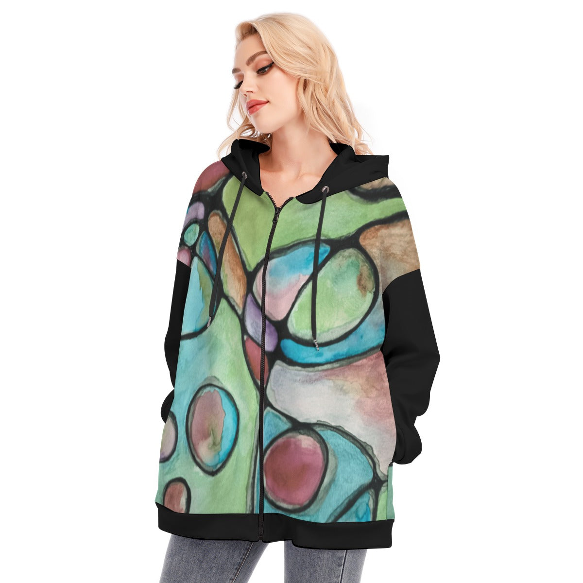 Atomic Age Green & Black All-Over Print Women's Long Hoodie with Zipper Closure