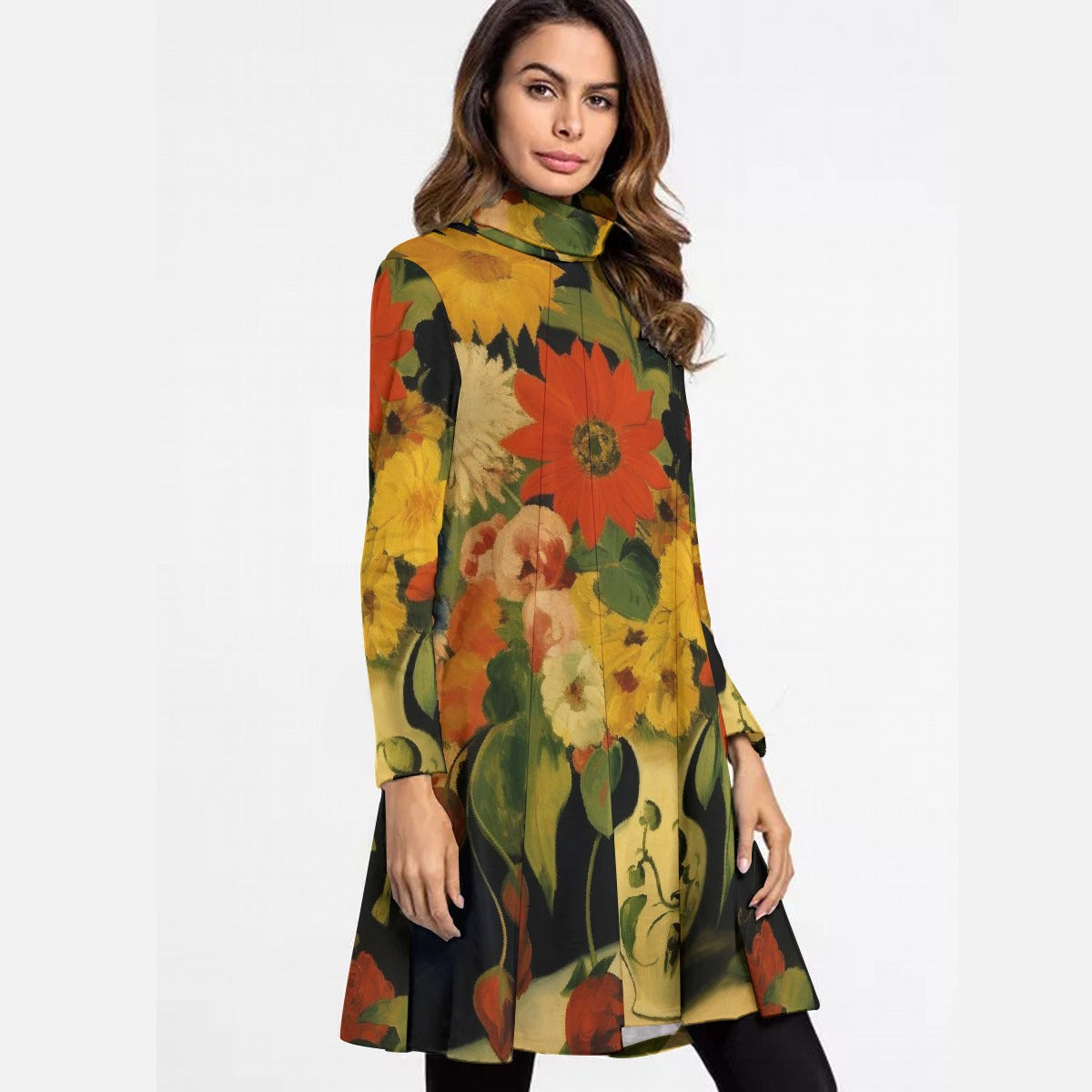 Autumn Bouquet Women's Long-Sleeve Turtleneck Midi-Dress