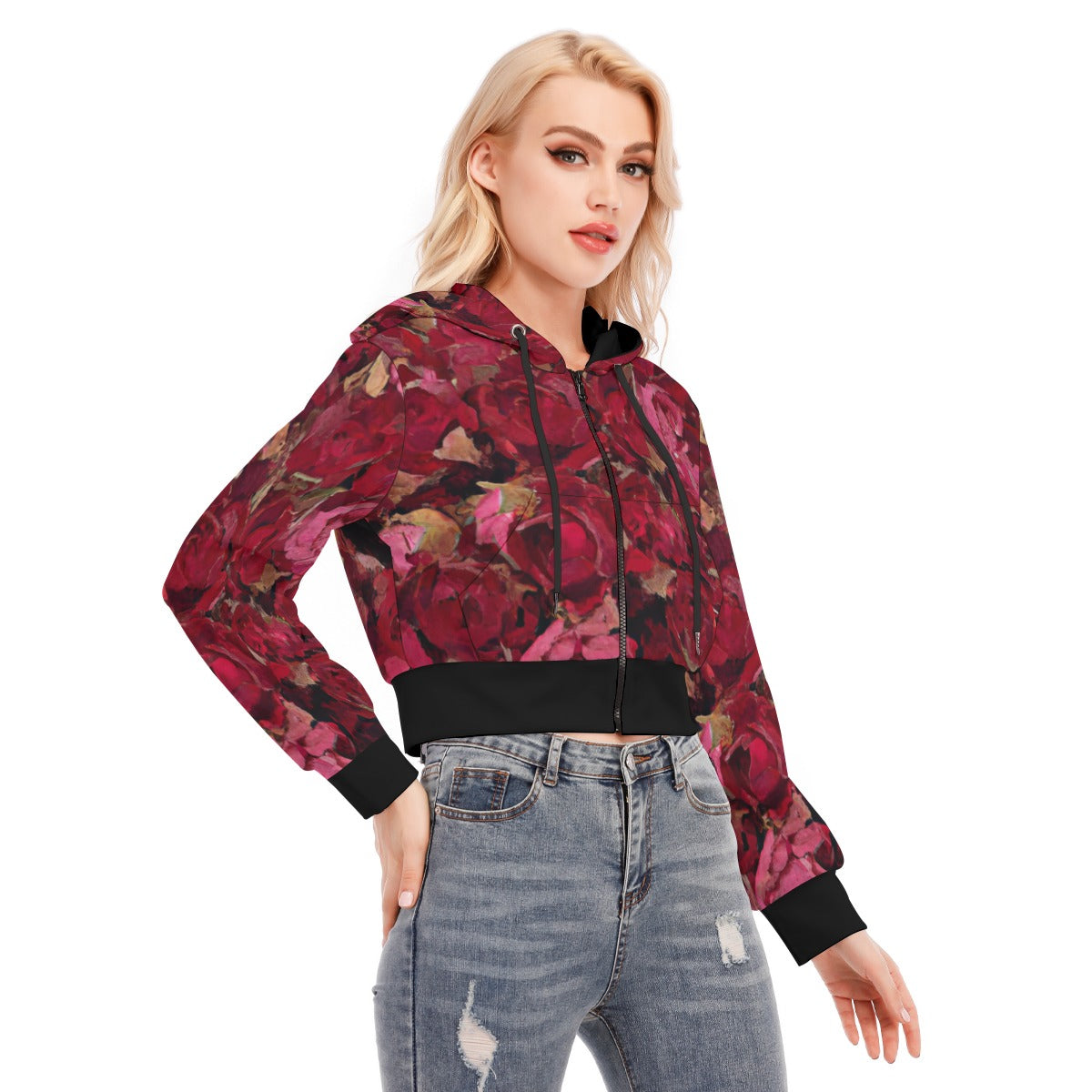 Midnight Roses All-Over Print Women's Crop Top Hoodie with Zipper Closure