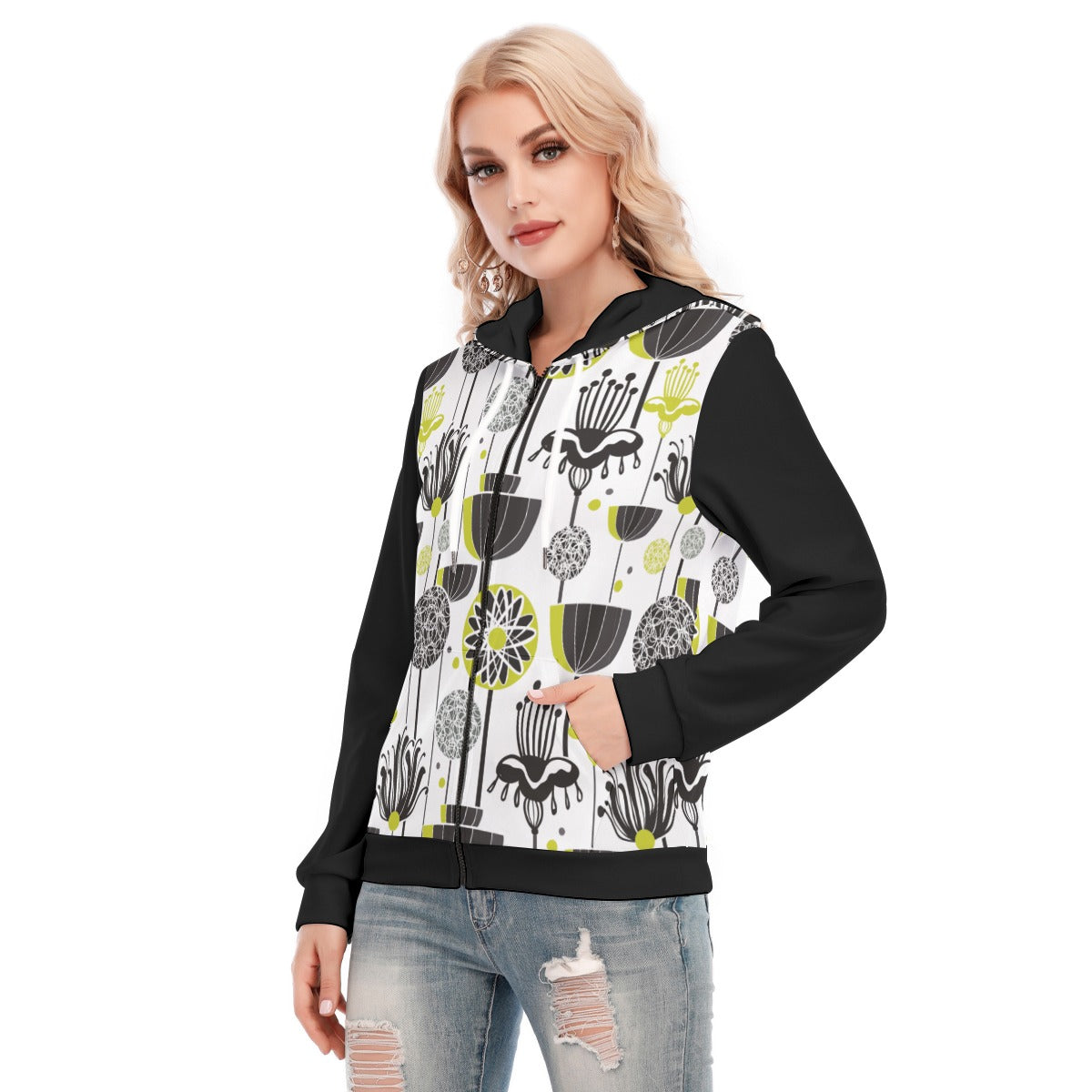 Scandi Celadon All-Over Print Women's Hoodie with Zipper