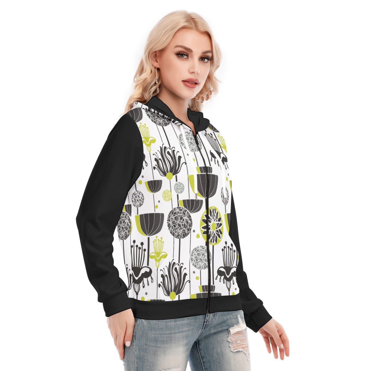 Scandi Celadon All-Over Print Women's Hoodie with Zipper