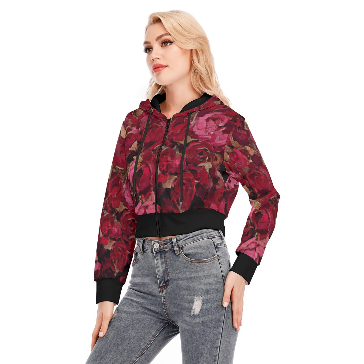 Midnight Roses All-Over Print Women's Crop Top Hoodie with Zipper Closure