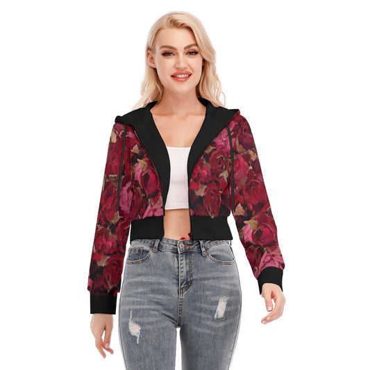 Midnight Roses All-Over Print Women's Crop Top Hoodie with Zipper Closure