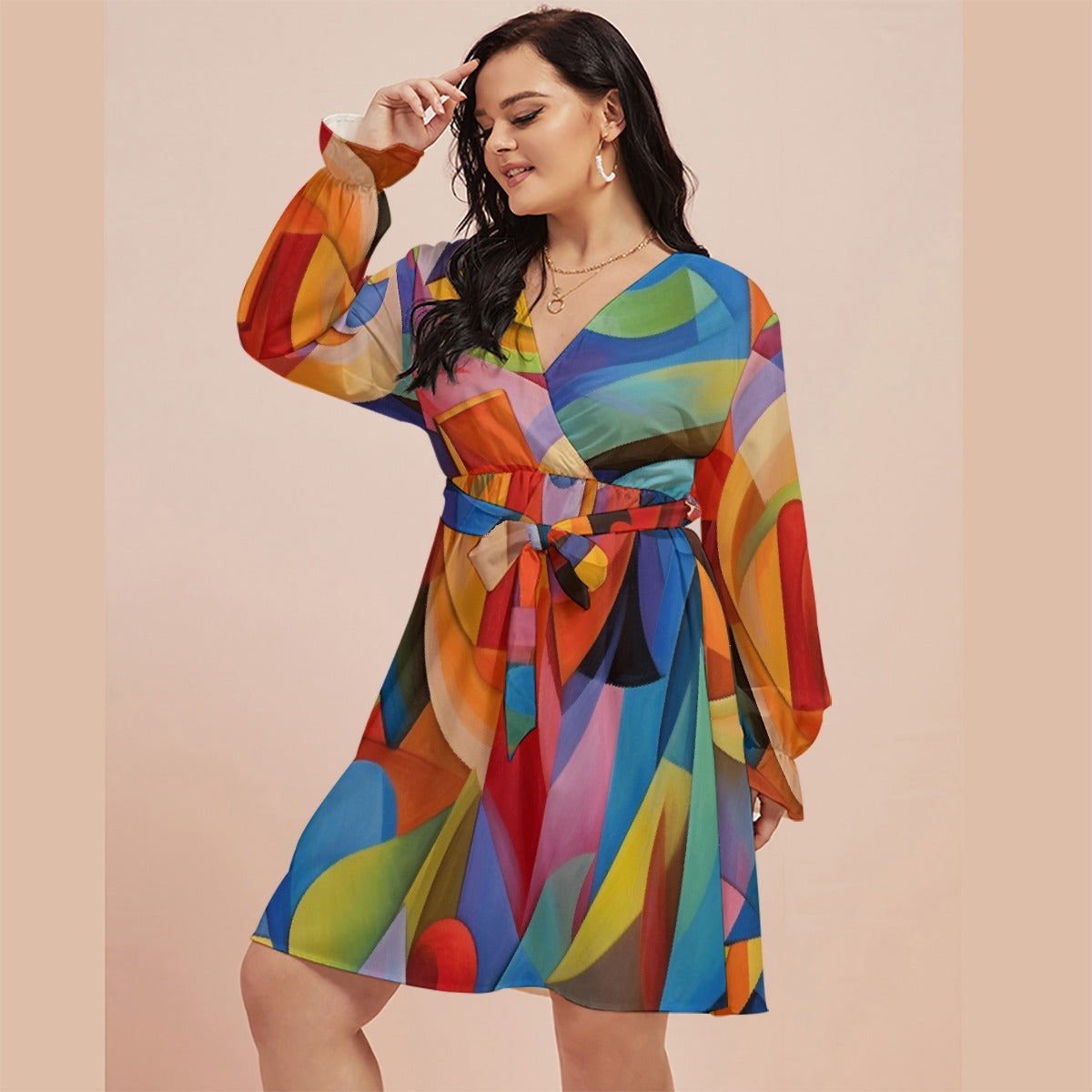 Artist's Pick Women's V-neck Dress With Waistband (Plus Size) [free flat rate shipping]