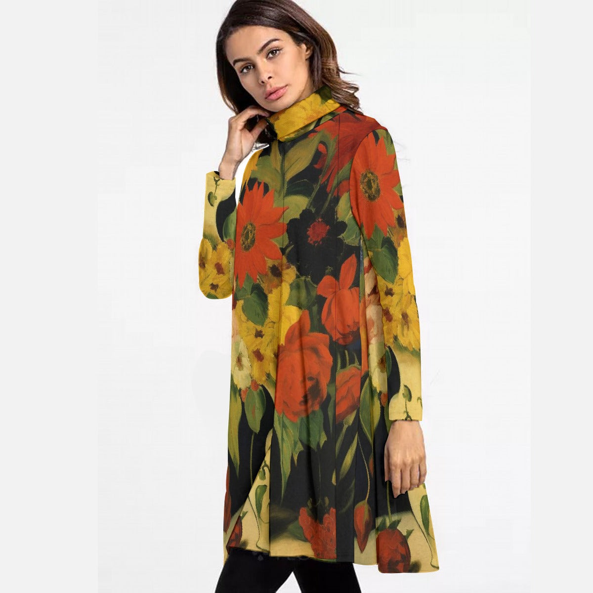 Autumn Bouquet Women's Long-Sleeve Turtleneck Midi-Dress