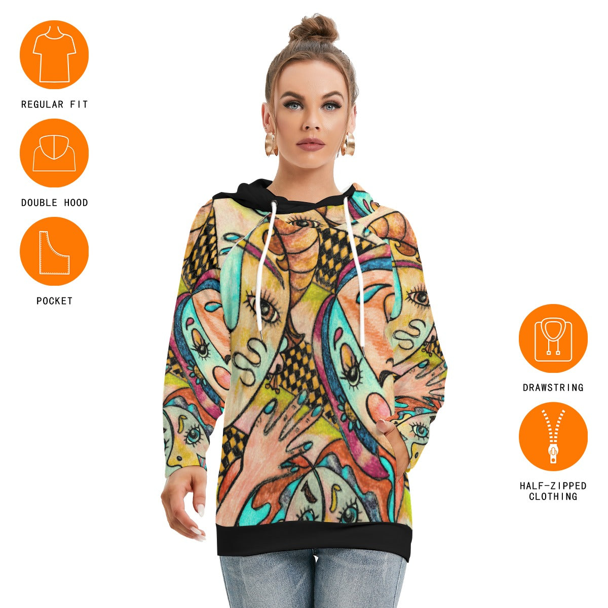 Lady Face All-Over Print Women's Hoodie with Double Hood