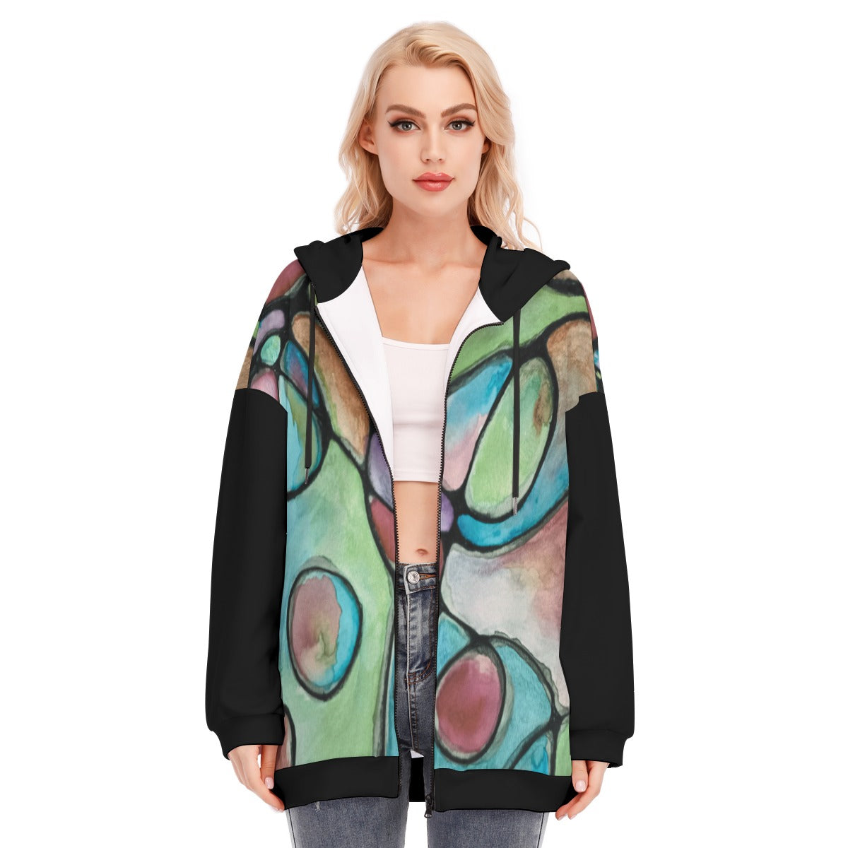 Atomic Age Green & Black All-Over Print Women's Long Hoodie with Zipper Closure