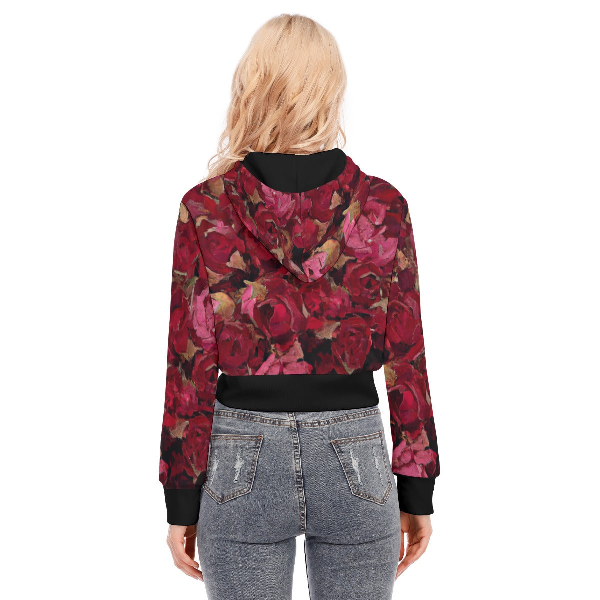 Midnight Roses All-Over Print Women's Crop Top Hoodie with Zipper Closure