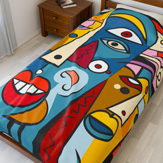 Red Lip, Picasso Inspired, Surreal, Modern Art, Abstract Face Velveteen Plush Blanket - Cozy Art-Inspired Throw for Home Décor