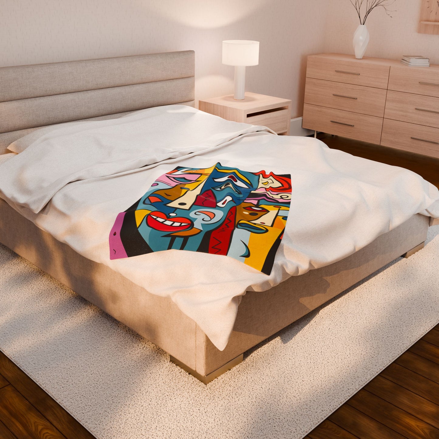 Red Lip, Picasso Inspired, Surreal, Modern Art, Abstract Face Velveteen Plush Blanket - Cozy Art-Inspired Throw for Home Décor